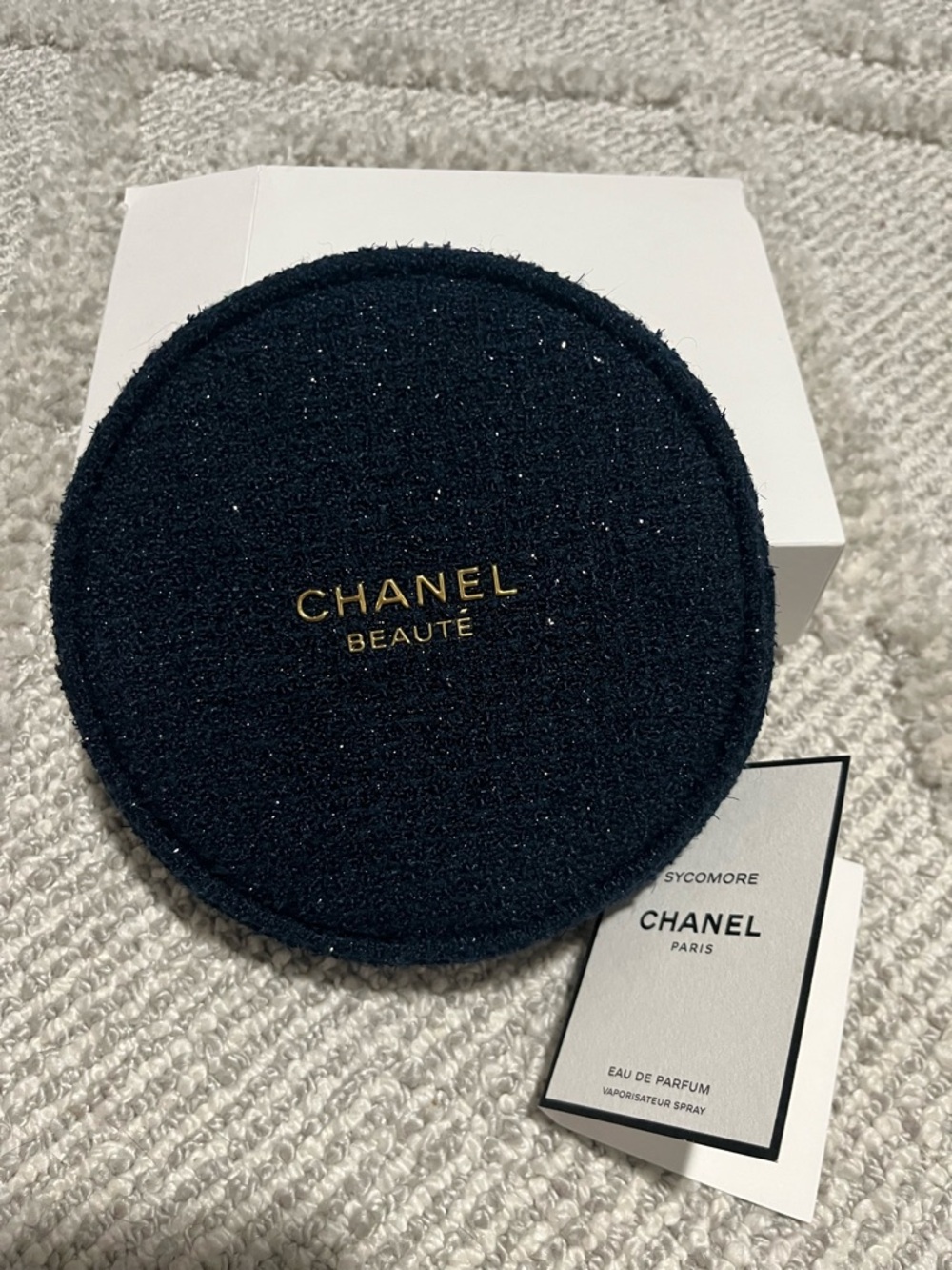 CHANEL Navy Tweed Round Cosmetic Case with Gold Hardware